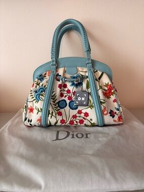 Dior Floral Canvas Satchel with Light Blue Trim